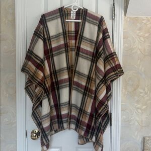 Woolrich Plaid Poncho Shawl Wrap with Red, Tan and White Shades.